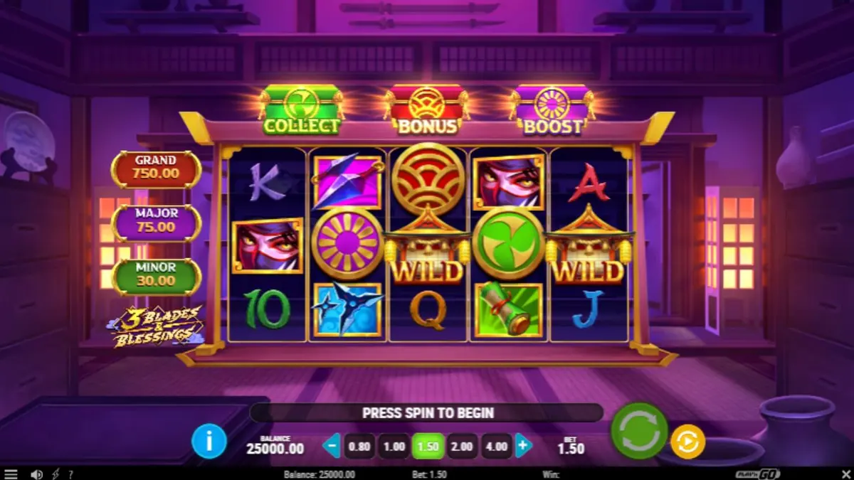 Tampilan visual slot 3 Blades & Blessings dengan tema ninja dan Jepang feodal